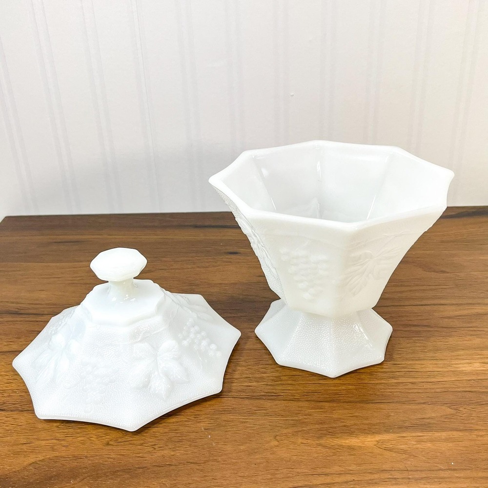 Vintage Milk Glass‎ Pedestal Planter: Harvest Grape Pattern Vase